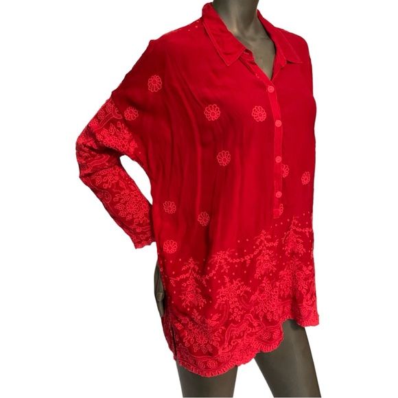 Johnny Was Red Embroidered Longsleeved Collared Top Blouse - Picture 4 of 12